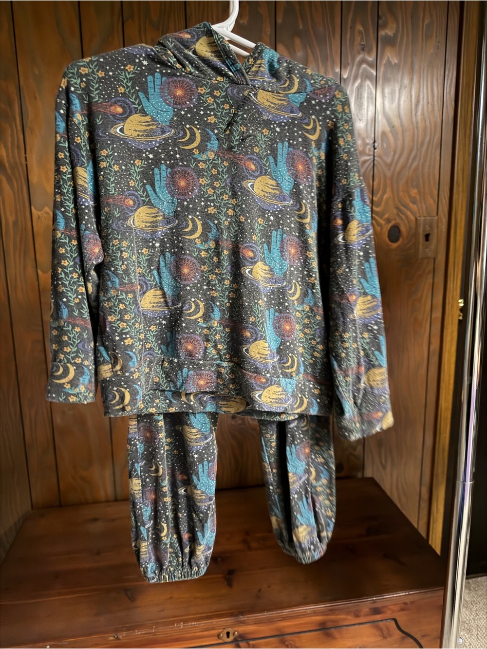 kate quinn Hooded Kids Pajama Set in Teal, Gold & Black Space Print